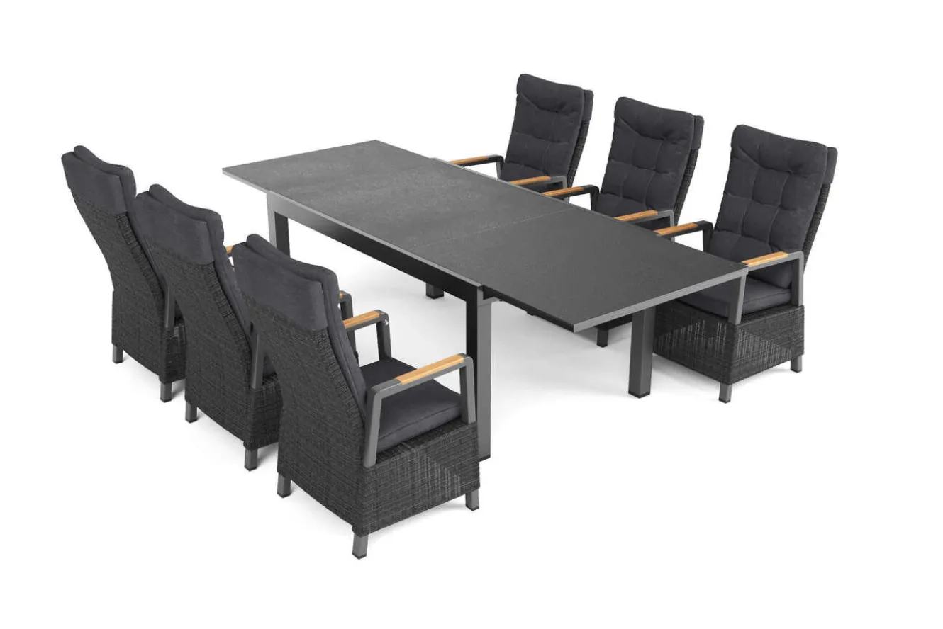 OUTFLEXX Nova Garten-Essgruppe, anthrazit matt/anthrazit, Aluminium/Polyrattan, Tisch 160/260 x 100 cm, 6 Dining-Sessel, FSC®-zertifiziertes Produkt