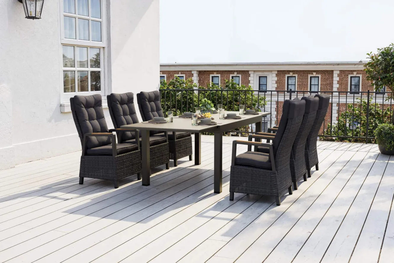 OUTFLEXX Nova Garten-Essgruppe, anthrazit matt/anthrazit, Aluminium/Polyrattan, Tisch 160/260 x 100 cm, 6 Dining-Sessel, FSC®-zertifiziertes Produkt