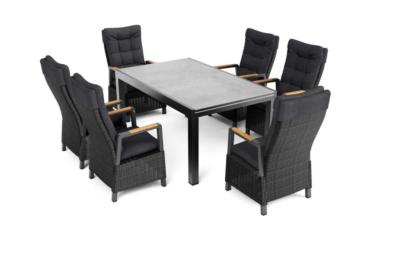 OUTFLEXX Nova Garten-Essgruppe, anthrazit matt/anthrazit, Aluminium/Polyrattan, Tisch 160/260 x 100 cm, 6 Dining-Sessel, FSC®-zertifiziertes Produkt