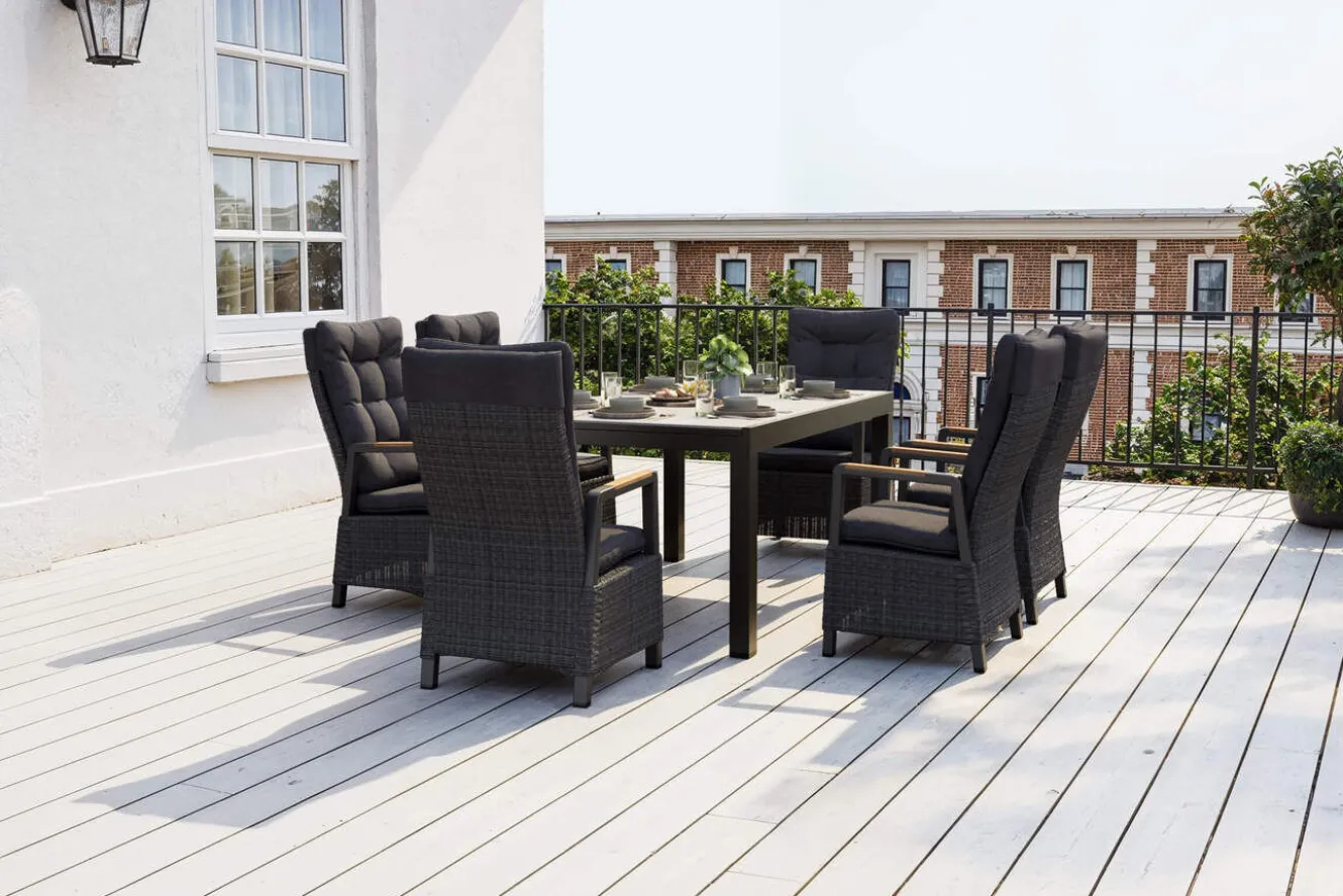 OUTFLEXX Nova Garten-Essgruppe, anthrazit matt/anthrazit, Aluminium/Polyrattan, Tisch 160/260 x 100 cm, 6 Dining-Sessel, FSC®-zertifiziertes Produkt