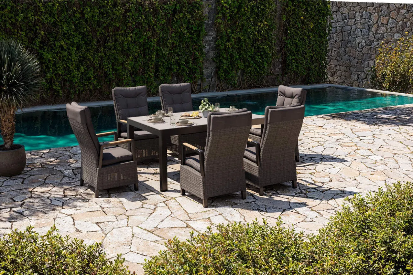 OUTFLEXX Nova Garten-Essgruppe, anthrazit matt/anthrazit, Aluminium/Polyrattan, Tisch 160/260 x 100 cm, 6 Dining-Sessel, FSC®-zertifiziertes Produkt