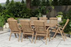 OUTFLEXX Ontario/Bounty Garten-Essgruppe, natur, Teak, 160/210x90cm, 8x Klappsessel