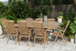 OUTFLEXX Ontario/Bounty Garten-Essgruppe, natur, Teak, 195/295 x 90 cm, 8x Klappsessel