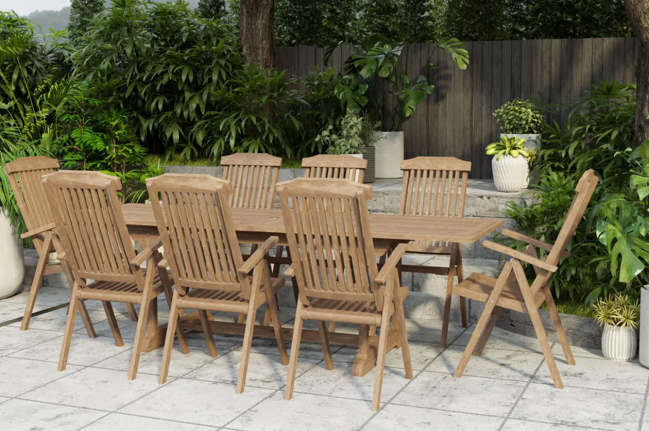OUTFLEXX Ontario/Bounty Garten-Essgruppe, natur, Teak, 195/295 x 90 cm, 8x Klappsessel