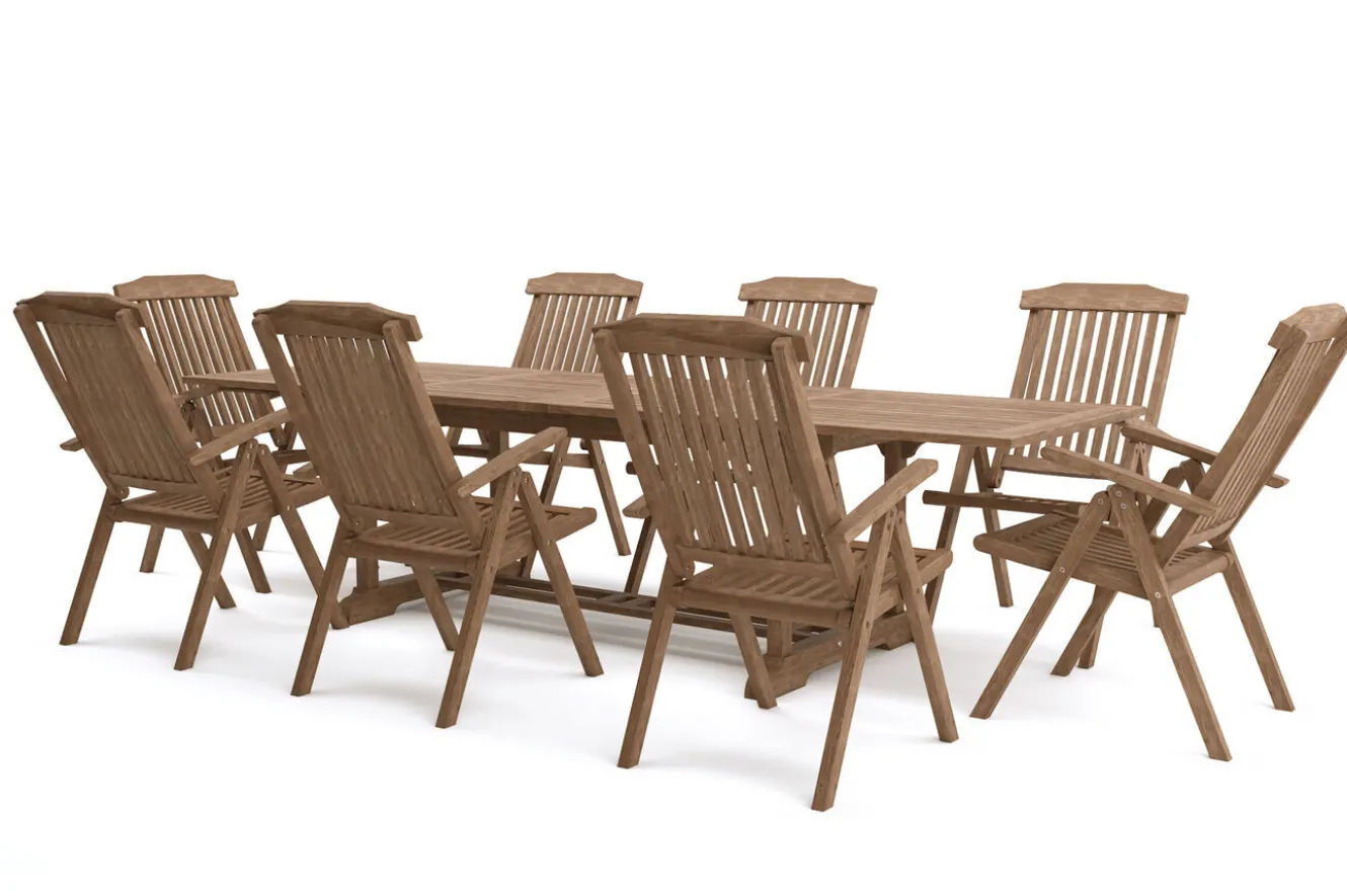 OUTFLEXX Ontario/Bounty Garten-Essgruppe, natur, Teak, 195/295 x 90 cm, 8x Klappsessel