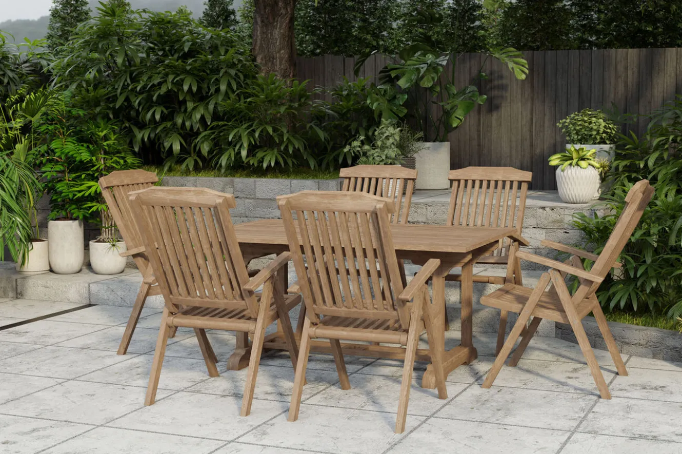 OUTFLEXX Ontario/Bounty Garten-Essgruppe, natur, Teak, 160/210x90cm, 6x Klappsessel