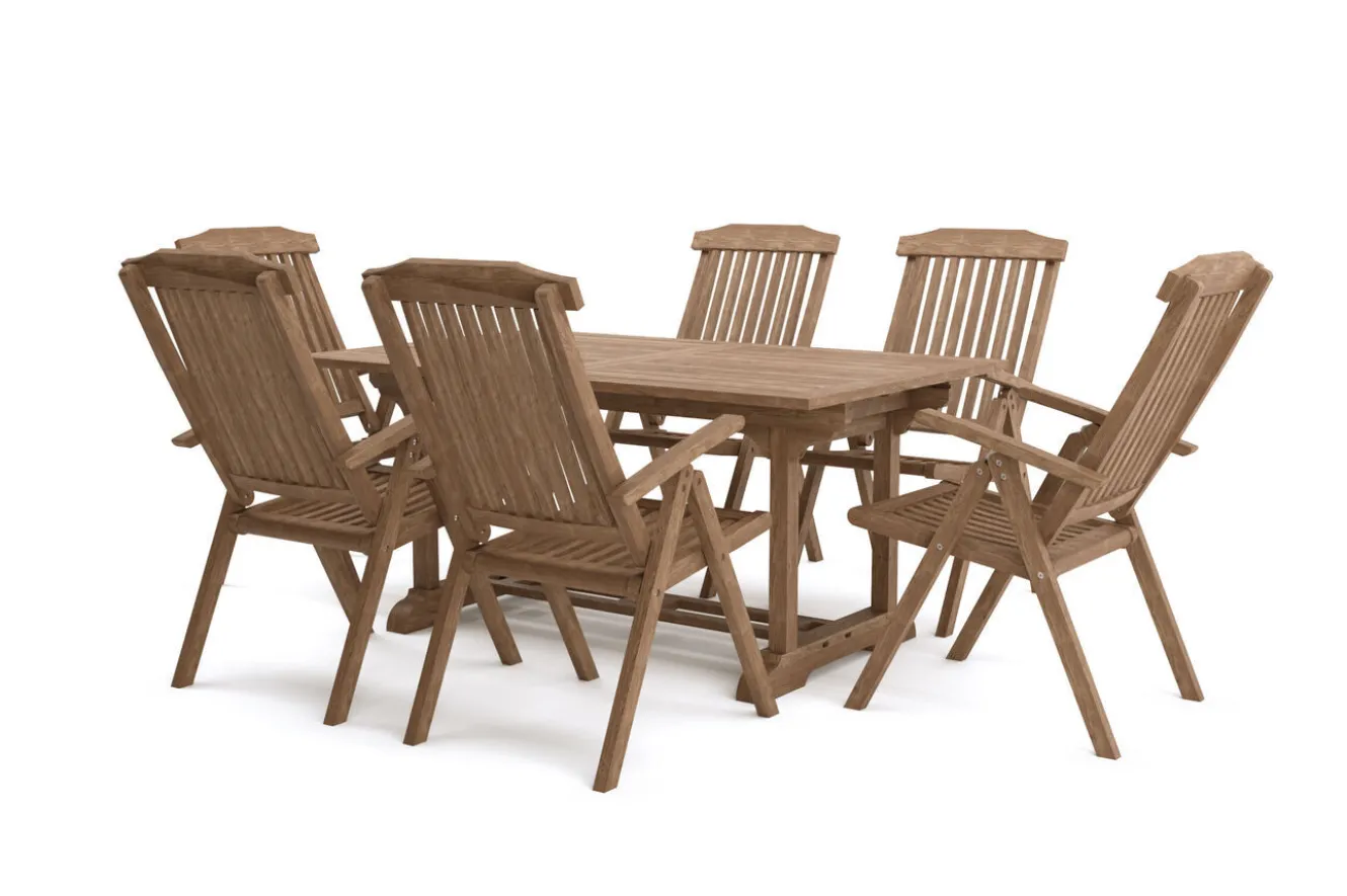 OUTFLEXX Ontario/Bounty Garten-Essgruppe, natur, Teak, 160/210x90cm, 6x Klappsessel