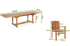 OUTFLEXX Ontario/Washington Garten-Essgruppe, natur, Teak, 195/295 x 90 cm, 6x Stapelsessel