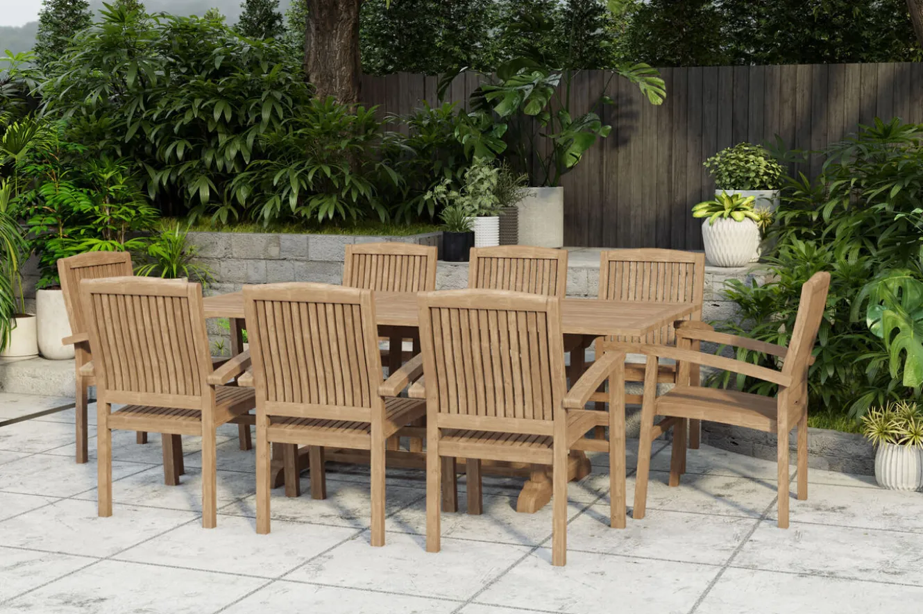 OUTFLEXX Ontario/Washington Garten-Essgruppe, natur, Teak, 160/210x90cm, 8x Stapelsessel