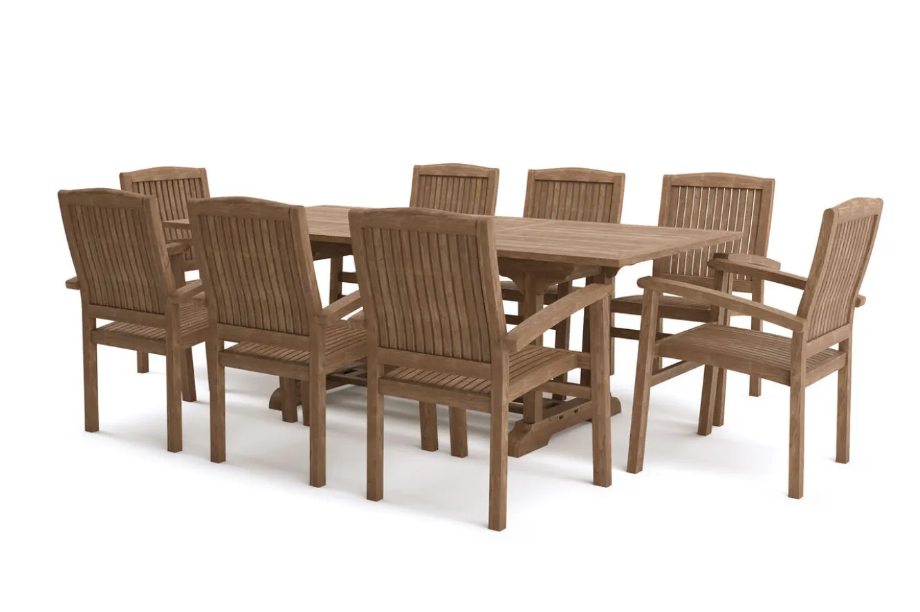 OUTFLEXX Ontario/Washington Garten-Essgruppe, natur, Teak, 160/210x90cm, 8x Stapelsessel