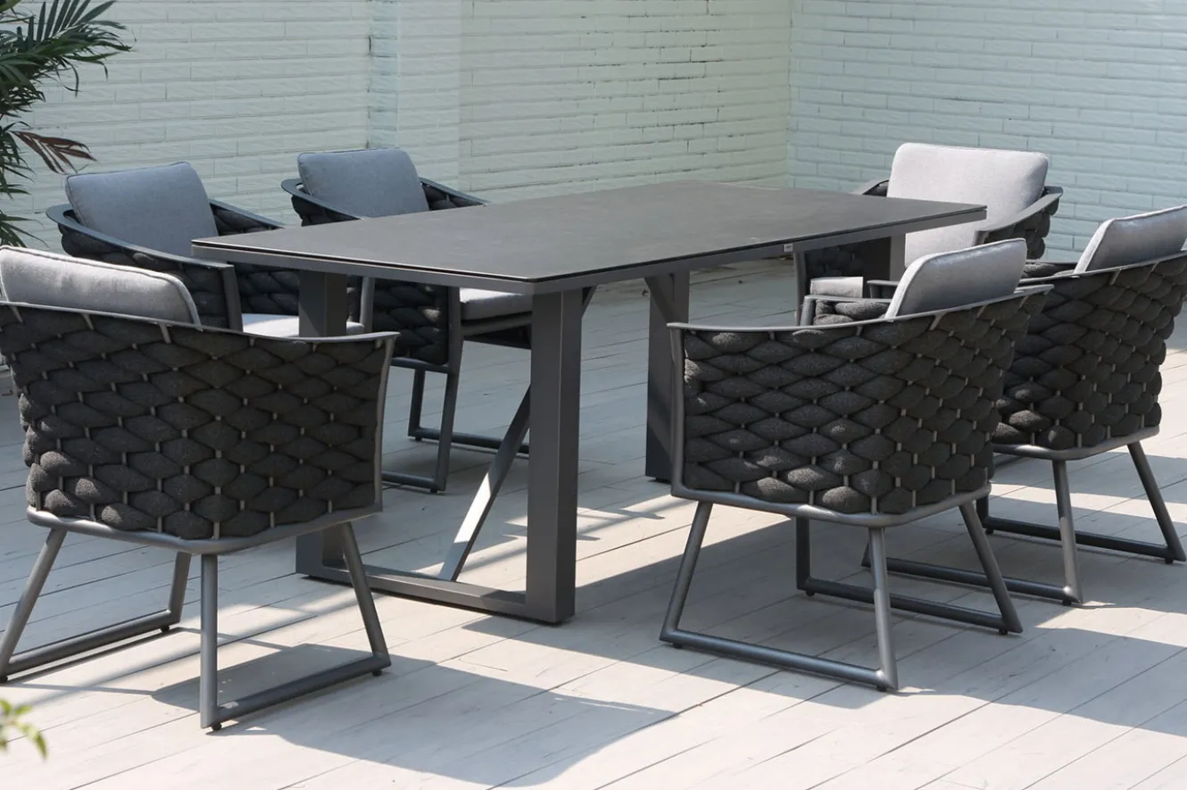 OUTFLEXX Oranger Blossom Garten-Essgruppe, 6 Personen, Tisch 200x90cm, inkl. Polster, anthrazit/Rope