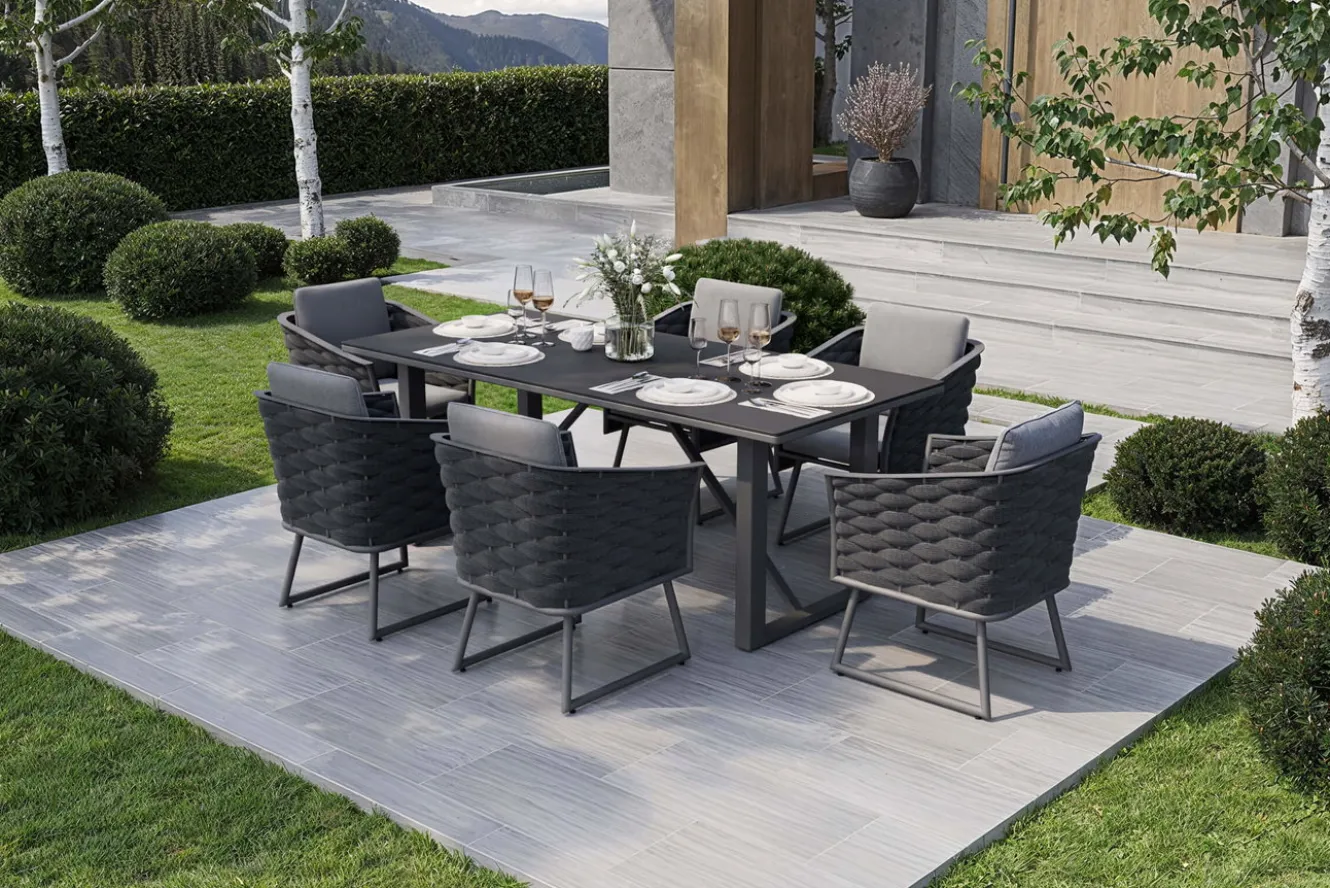 OUTFLEXX Oranger Blossom Garten-Essgruppe, 6 Personen, Tisch 200x90cm, inkl. Polster, anthrazit/Rope