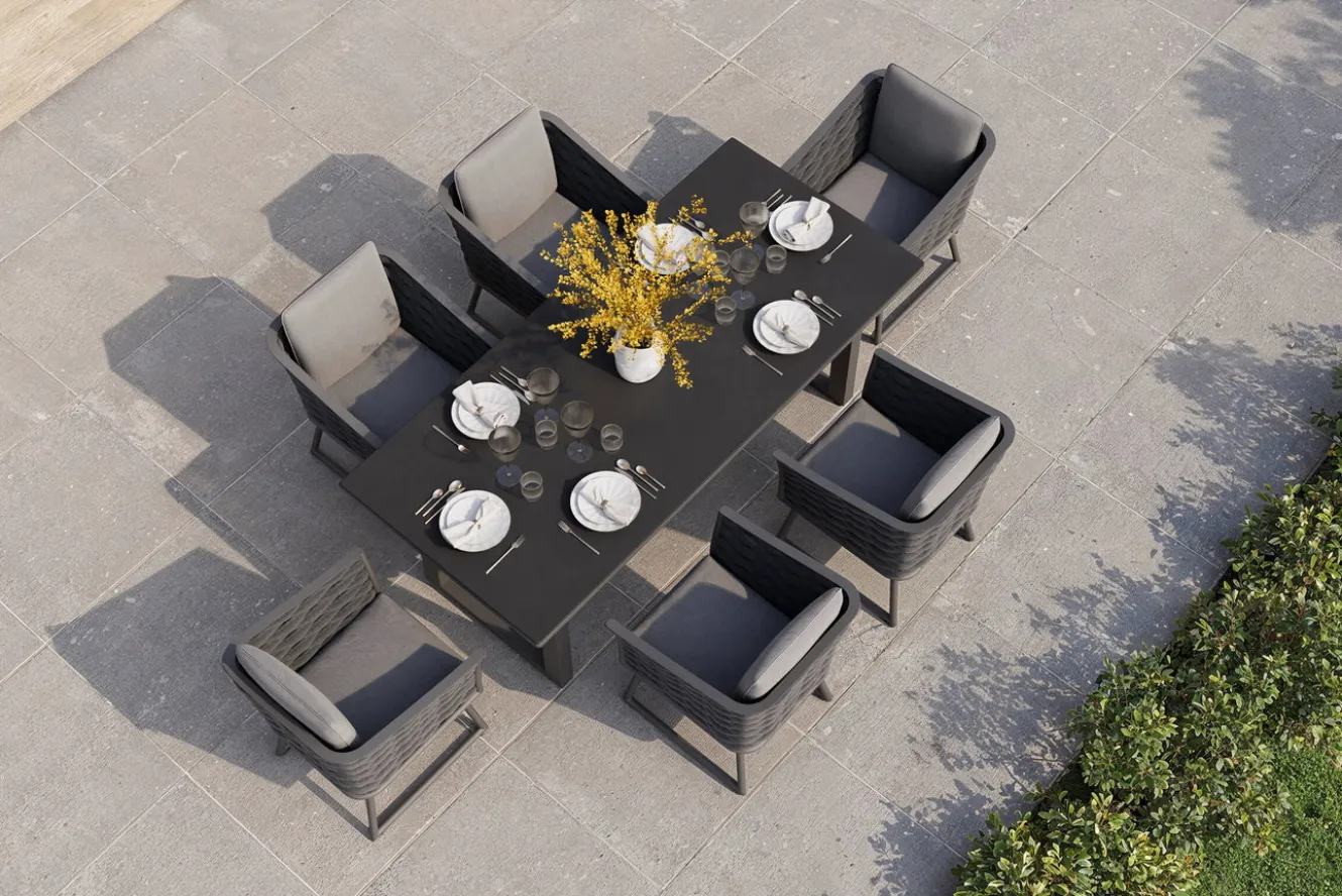 OUTFLEXX Oranger Blossom Garten-Essgruppe, 6 Personen, Tisch 200x90cm, inkl. Polster, anthrazit/Rope