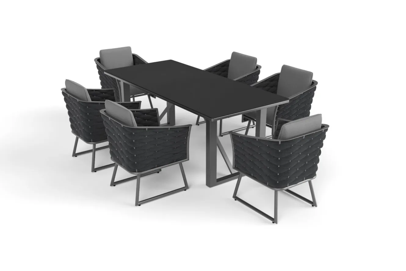 OUTFLEXX Oranger Blossom Garten-Essgruppe, 6 Personen, Tisch 200x90cm, inkl. Polster, anthrazit/Rope