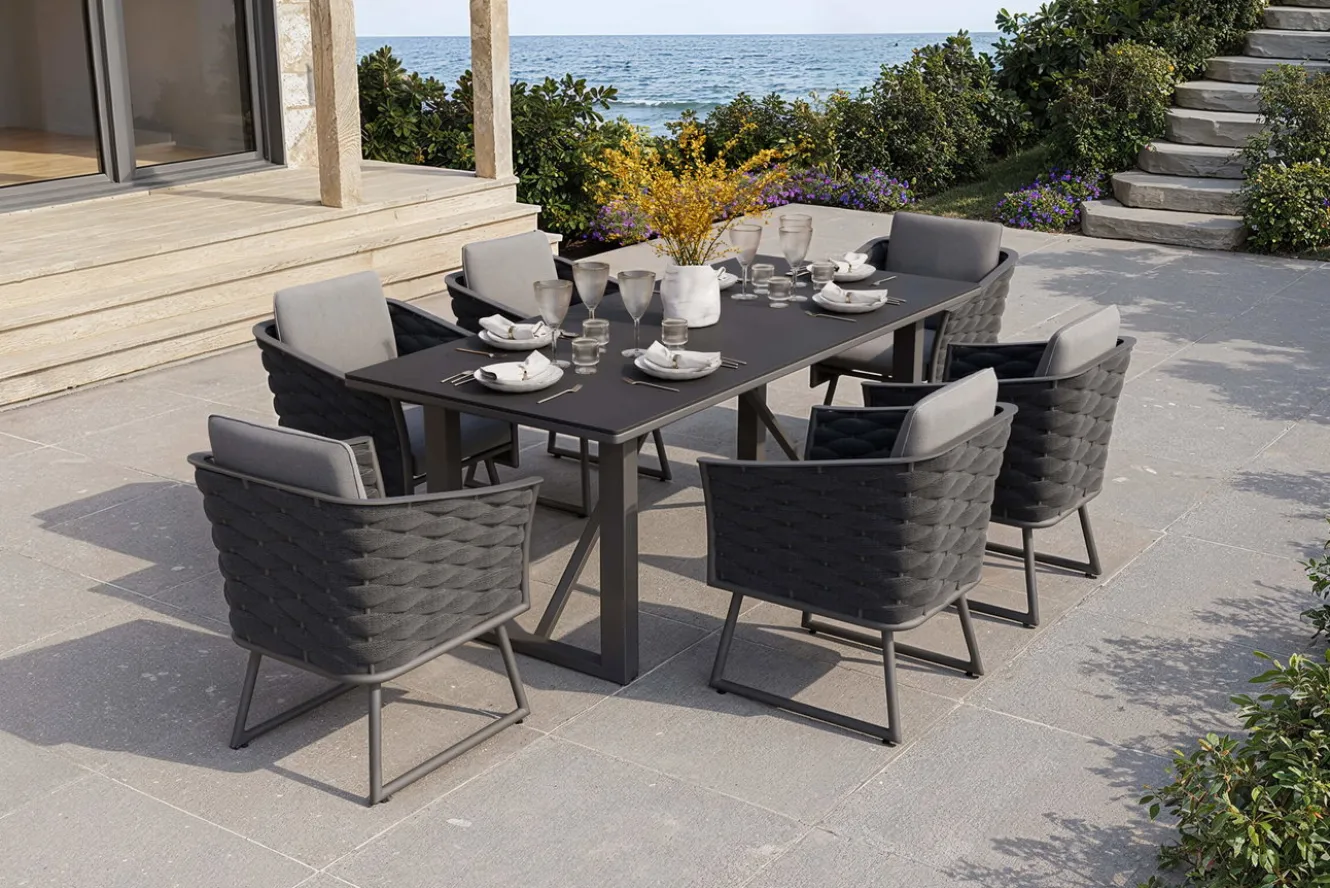 OUTFLEXX Oranger Blossom Garten-Essgruppe, 6 Personen, Tisch 200x90cm, inkl. Polster, anthrazit/Rope