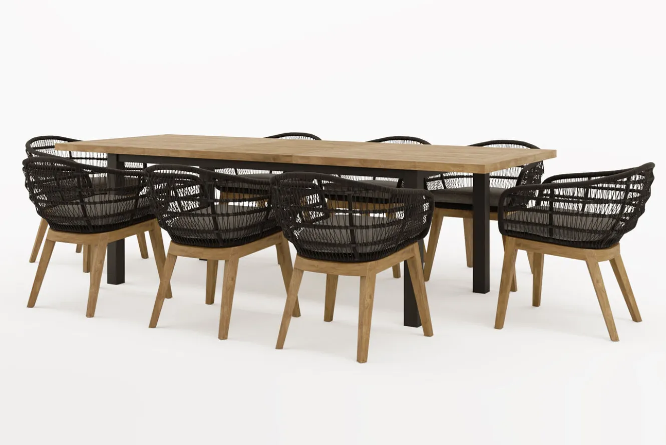OUTFLEXX Oxford Garten-Essgruppe, anthrazit/natur, Edelstahl/recycled Teak/Rope, 200/260 x 100 cm, 8x Sessel, FSC®-zertifiziertes Produkt