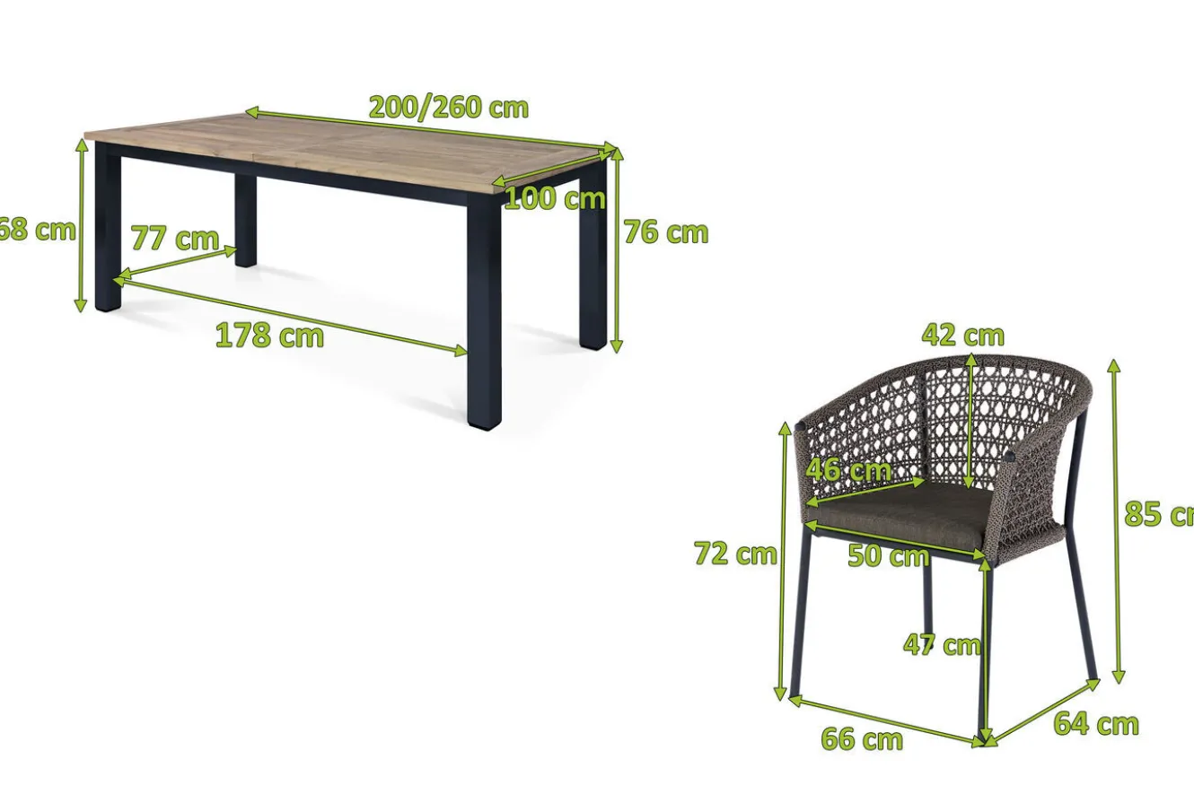 OUTFLEXX Oxford/Zui Garten-Essgruppe, anthrazit/hellgrau, Edelstahl/recycled Teak/Rope, 200/260 x 100 cm, 8x Sessel, inkl. Polster