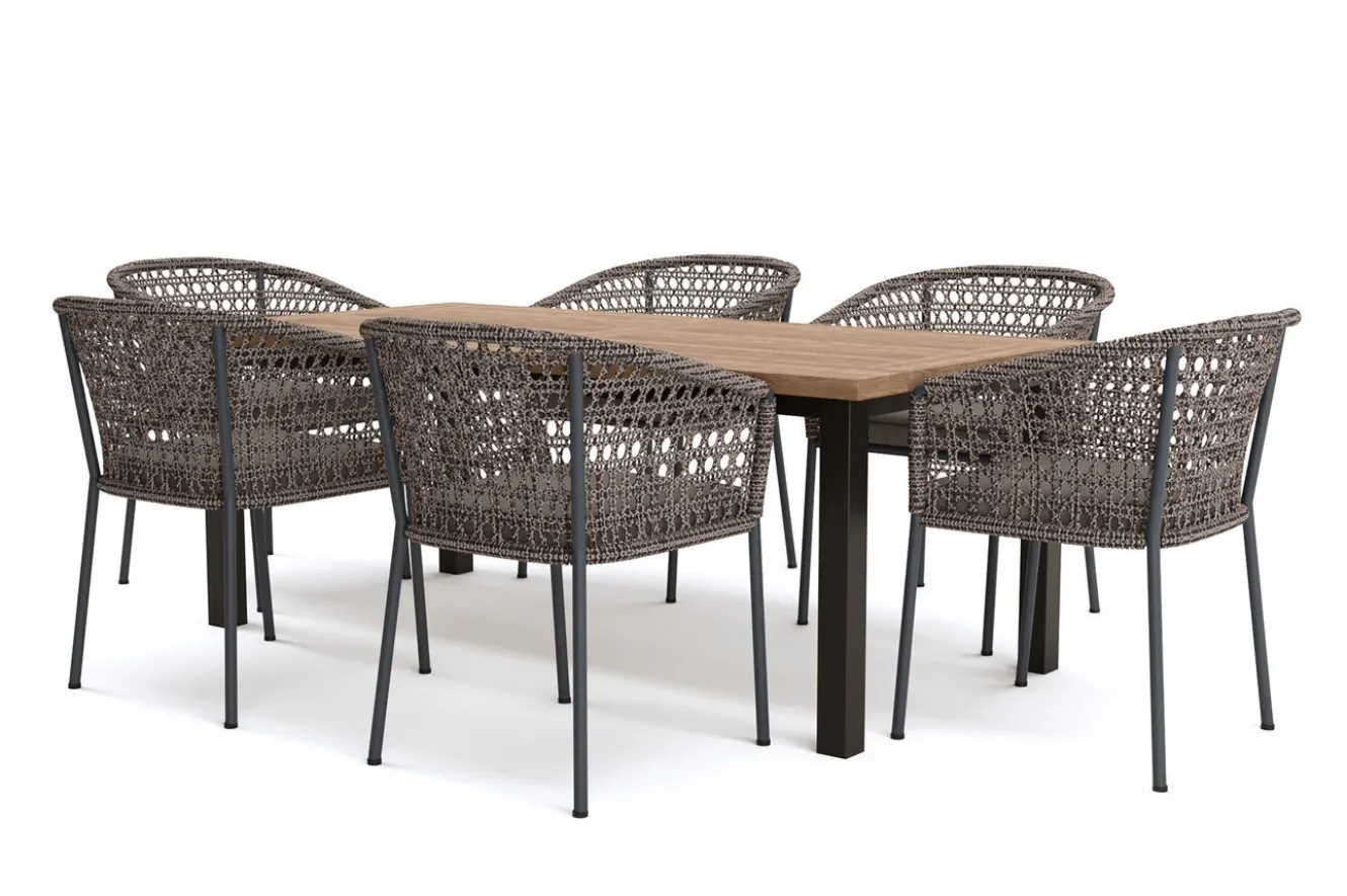 OUTFLEXX Oxford/Zui Garten-Essgruppe, anthrazit/hellgrau, Edelstahl/recycled Teak/Rope, 200/260 x 100 cm, 6x Sessel, inkl. Polster