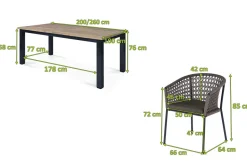 OUTFLEXX Oxford/Zui Garten-Essgruppe, anthrazit/hellgrau, Edelstahl/recycled Teak/Rope, 200/260 x 100 cm, 6x Sessel, inkl. Polster