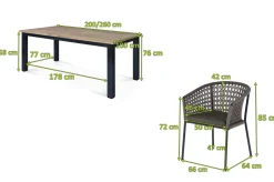 OUTFLEXX Oxford/Zui Garten-Essgruppe, anthrazit/hellgrau, Edelstahl/recycled Teak/Rope, 200/260 x 100 cm, 6x Sessel, inkl. Polster