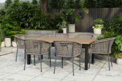 OUTFLEXX Oxford/Zui Garten-Essgruppe, anthrazit/hellgrau, Edelstahl/recycled Teak/Rope, 200/260 x 100 cm, 6x Sessel, inkl. Polster