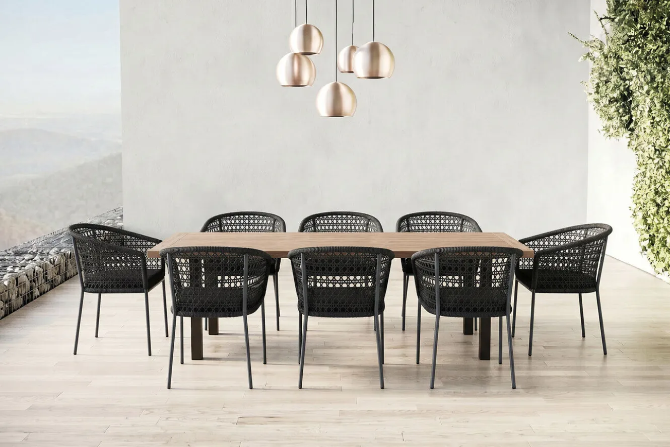 OUTFLEXX Oxford/Zui Garten-Essgruppe, anthrazit/dunkelgrau, Edelstahl/recycled Teak/Rope, 200/260 x 100 cm, 8x Sessel, inkl. Polster