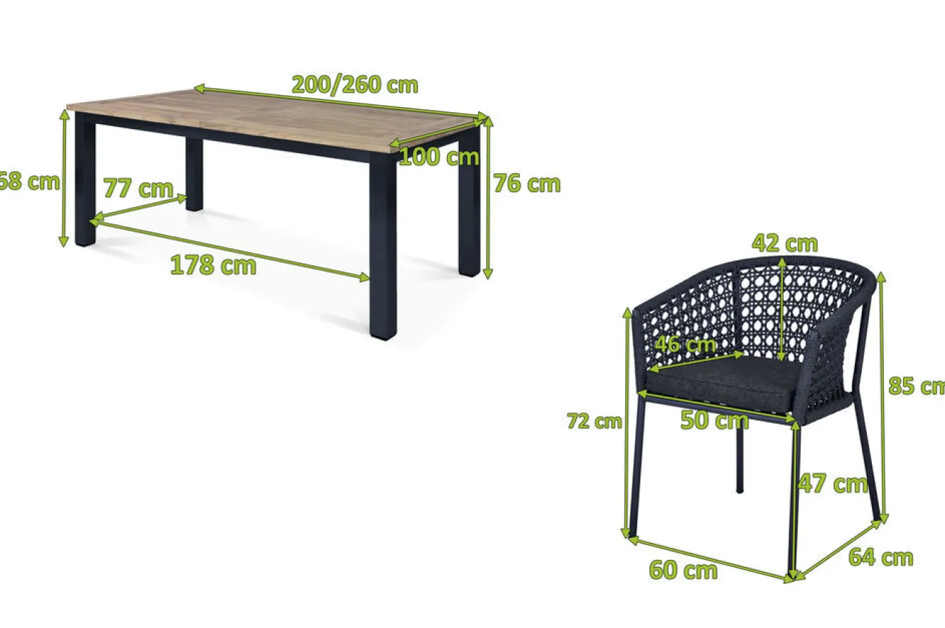 OUTFLEXX Oxford/Zui Garten-Essgruppe, anthrazit/dunkelgrau, Edelstahl/recycled Teak/Rope, 200/260 x 100 cm, 8x Sessel, inkl. Polster
