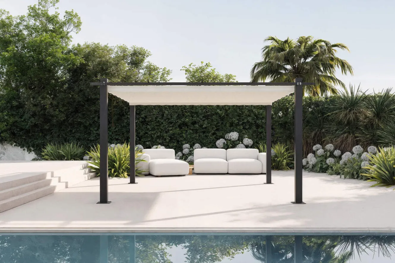 OUTFLEXX Pergola, faltbares Stoffdach 4 x 4 m, Aluminium/Polyester, Anthrazit/Creme, UV-Schutz 30+