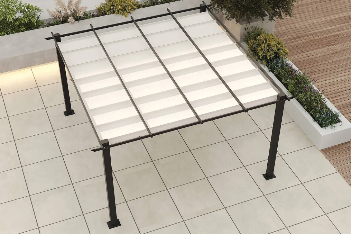 OUTFLEXX Pergola, faltbares Stoffdach 4 x 4 m, Aluminium/Polyester, Anthrazit/Creme, UV-Schutz 30+