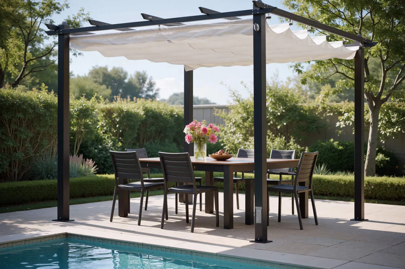 OUTFLEXX Pergola mit faltbarem Stoffdach, Anthrazit/Creme, Aluminium/Polyester, 3 x 3 m, Air-Vent System, UV-Schutz 30+