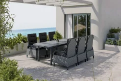 OUTFLEXX Porto Garten-Essgruppe, anthrazit/grau, Alu/Polyrattan, ausziehbarer Tisch 180/240 x 100 cm, verstellbare Rückenlehne inkl. Polster