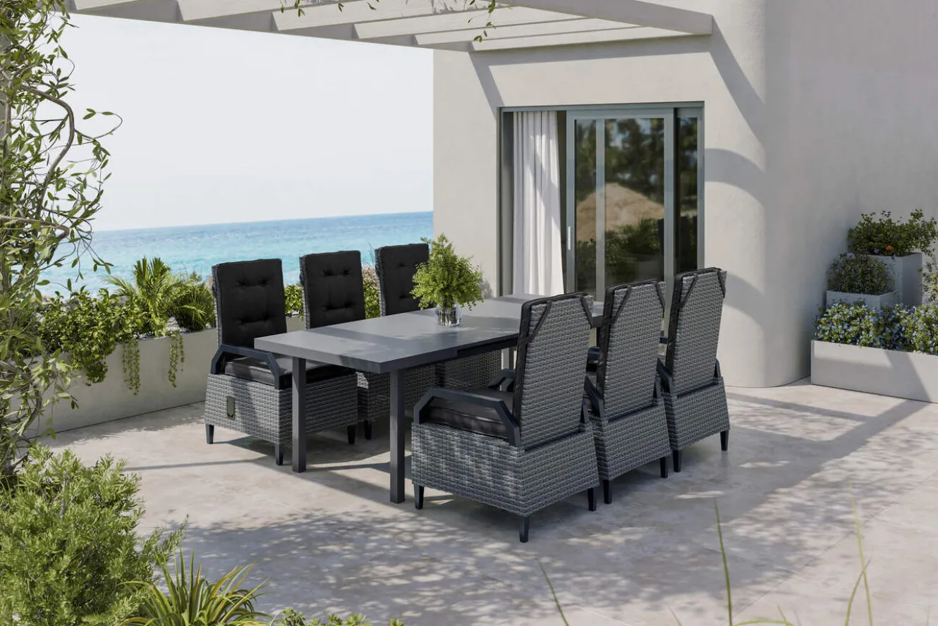 OUTFLEXX Porto Garten-Essgruppe, anthrazit/grau, Alu/Polyrattan, ausziehbarer Tisch 180/240 x 100 cm, verstellbare Rückenlehne inkl. Polster