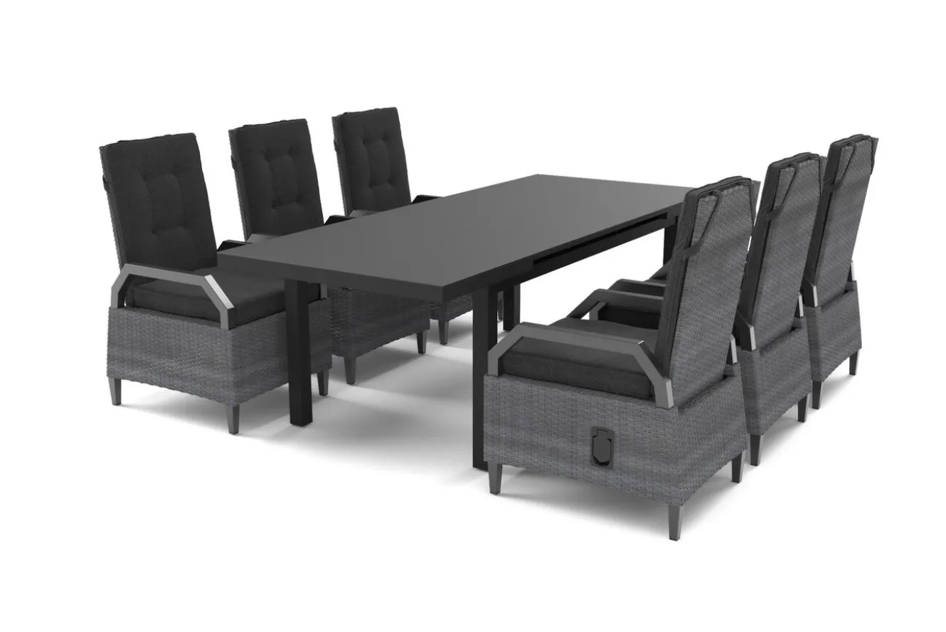 OUTFLEXX Porto Garten-Essgruppe, anthrazit/grau, Alu/Polyrattan, ausziehbarer Tisch 180/240 x 100 cm, verstellbare Rückenlehne inkl. Polster