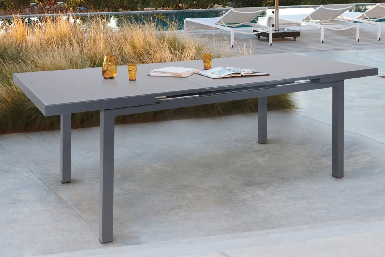 OUTFLEXX Premium Ausziehtisch, anthrazit/grau, Alu/Sicherheitsglas, 180/240x100cm, automatischer Ausziehmechanismus