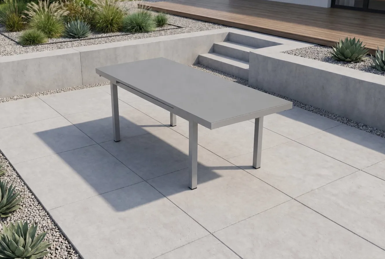 OUTFLEXX Premium Ausziehtisch, silber/grau, Alu/Glas, 180/240x100cm, automatischer Ausziehmechanismus