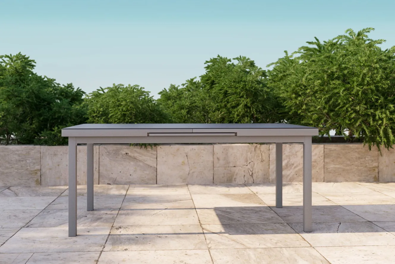 OUTFLEXX Premium Ausziehtisch, silber/grau, Alu/Glas, 180/240x100cm, automatischer Ausziehmechanismus