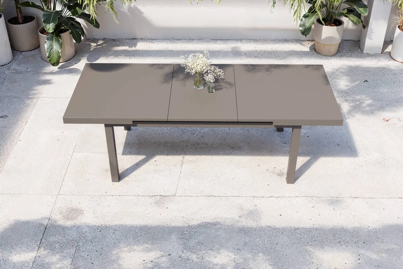OUTFLEXX Premium Ausziehtisch, anthrazit matt/grau, Alu/Glas, 180/240x100cm, automatischer Ausziehmechanismus