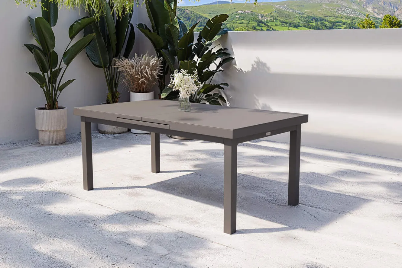 OUTFLEXX Premium Ausziehtisch, anthrazit matt/grau, Alu/Glas, 180/240x100cm, automatischer Ausziehmechanismus