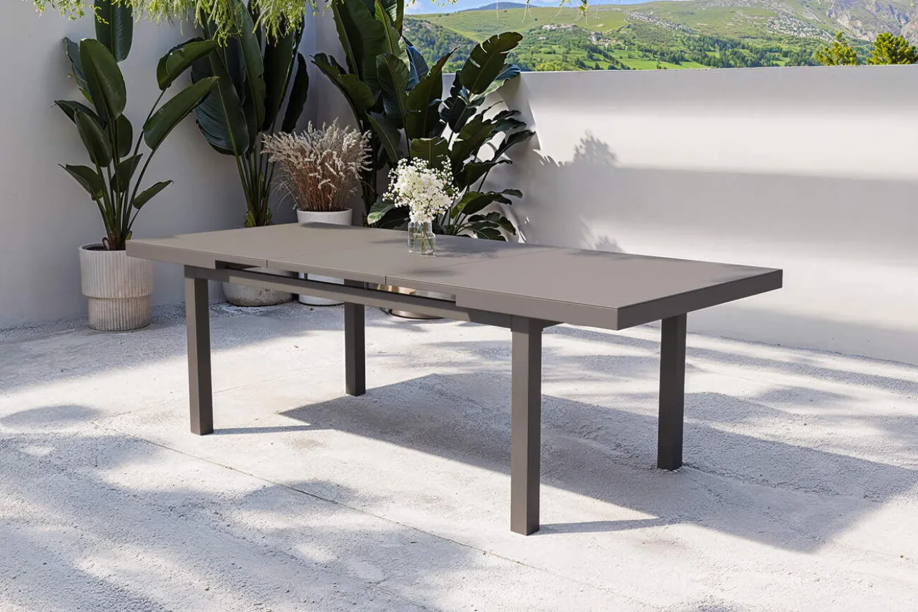 OUTFLEXX Premium Ausziehtisch, anthrazit matt/grau, Alu/Glas, 180/240x100cm, automatischer Ausziehmechanismus