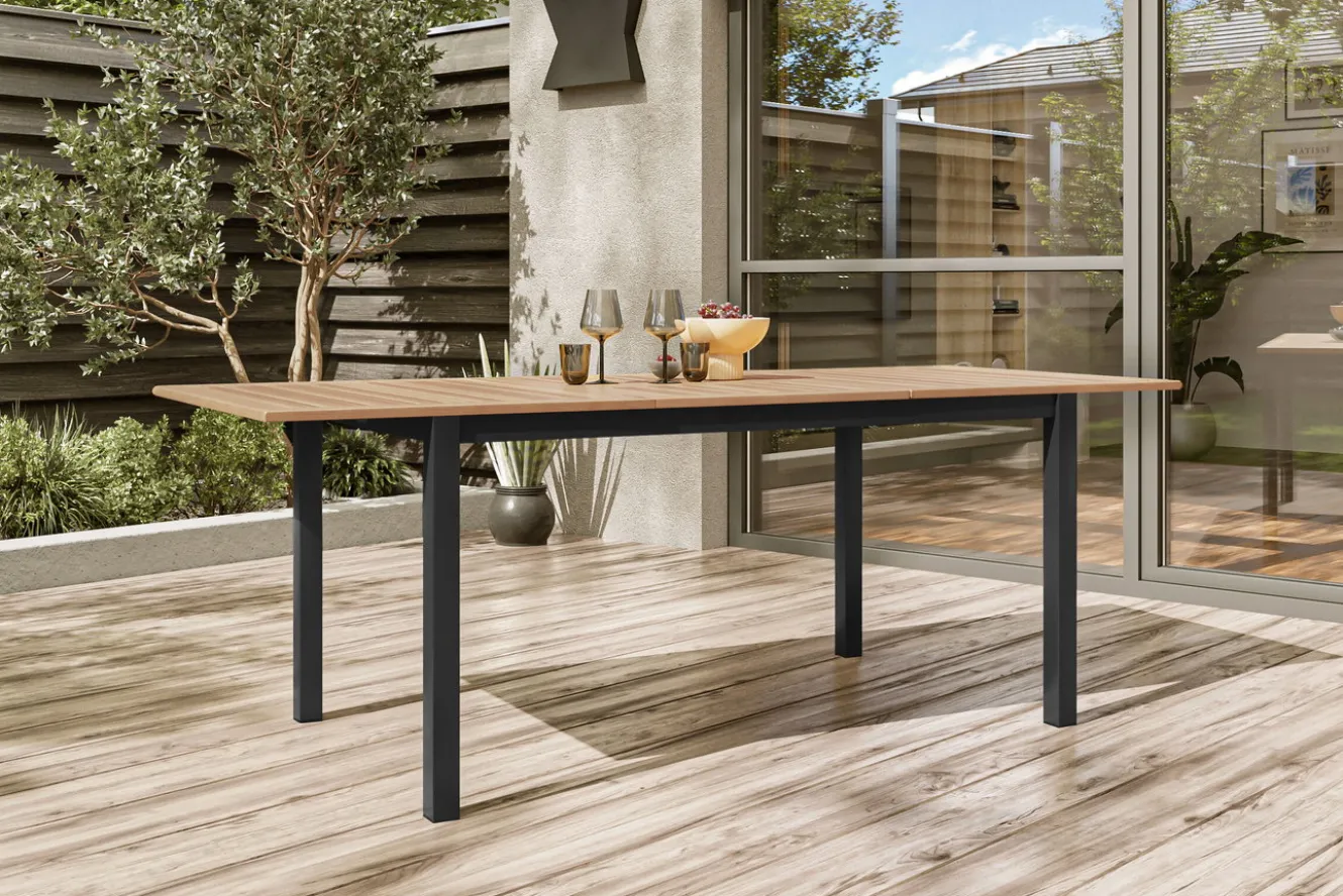 OUTFLEXX Premium Ausziehtisch, anthrazit matt, Alu/Teak, 150/210 x 90 cm, Synchronauszug mit Butterfly-Funktion