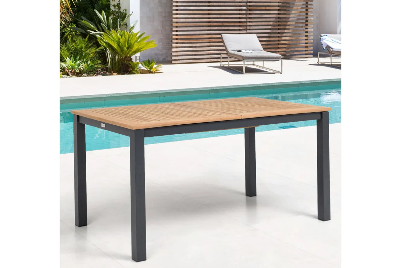 OUTFLEXX Premium Ausziehtisch, anthrazit matt, Alu/Teak, 150/210 x 90 cm, Synchronauszug mit Butterfly-Funktion