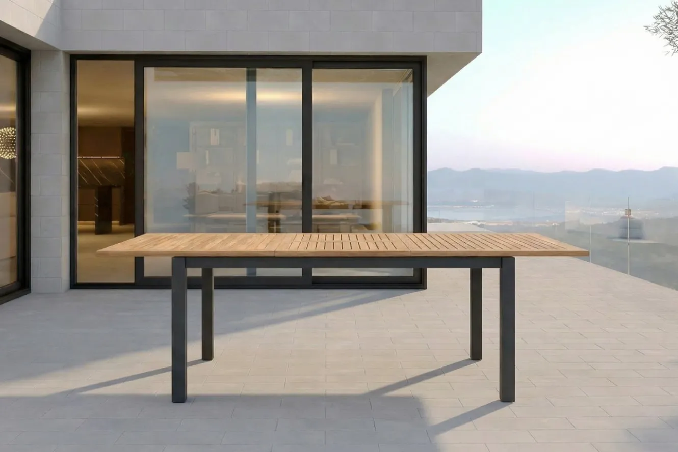 OUTFLEXX Premium Ausziehtisch, anthrazit matt, Alu/Teak, 150/210 x 90 cm, Synchronauszug mit Butterfly-Funktion