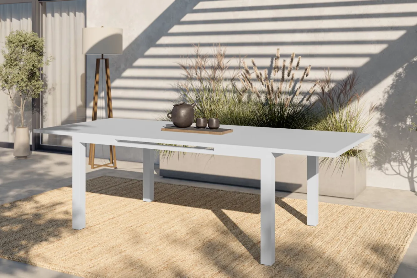 OUTFLEXX Premium Ausziehtisch, weiß, Alu/Glas, 180/240 x 100 cm, witterungsbeständig, hohe Belastbarkeit