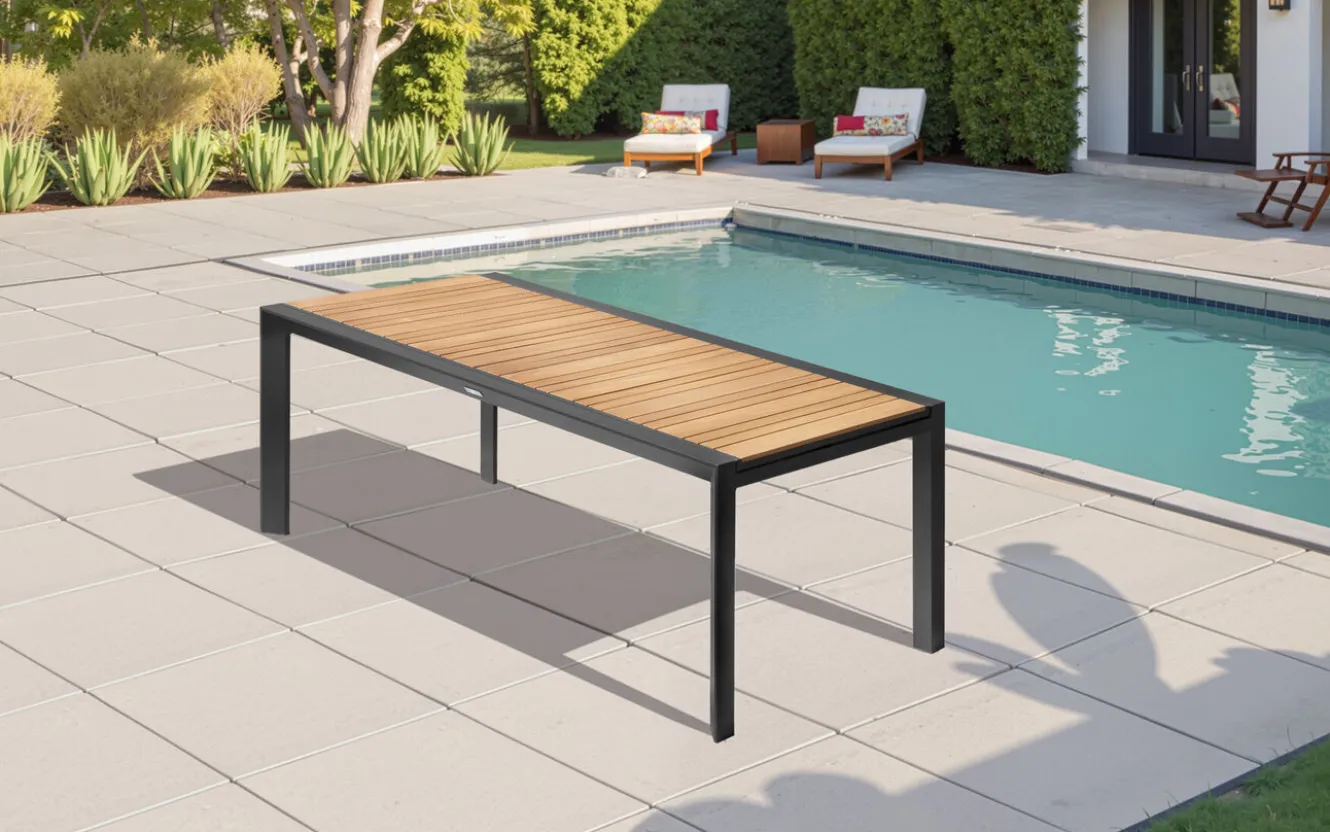 OUTFLEXX Premium Ausziehtisch, anthrazit matt, Alu/Teak, 200/320 x 100 cm, automatischer Ausziehmechanismus, witterungsbeständig