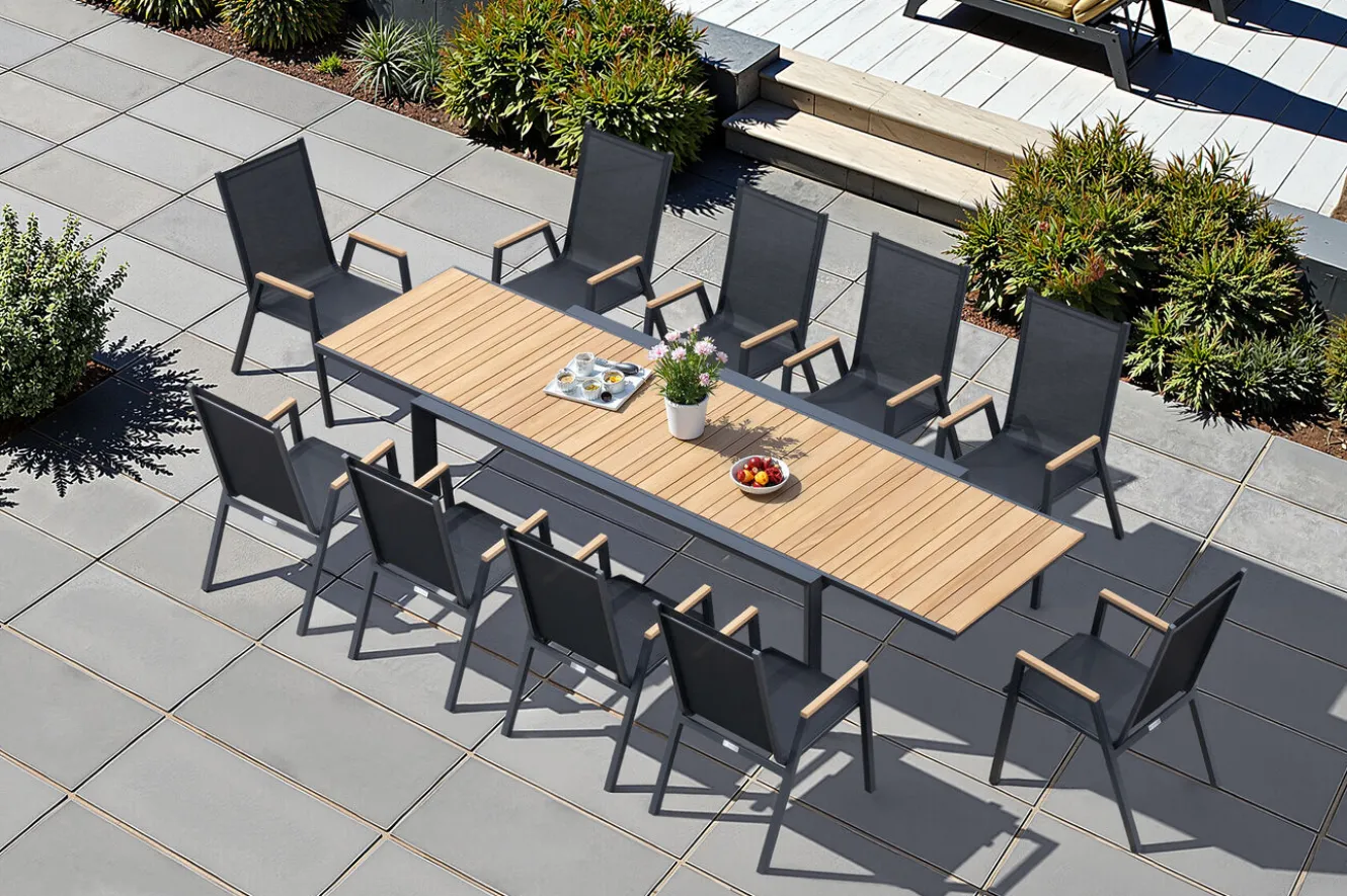 OUTFLEXX Premium Ausziehtisch, anthrazit matt, Alu/Teak, 200/320 x 100 cm, automatischer Ausziehmechanismus, witterungsbeständig