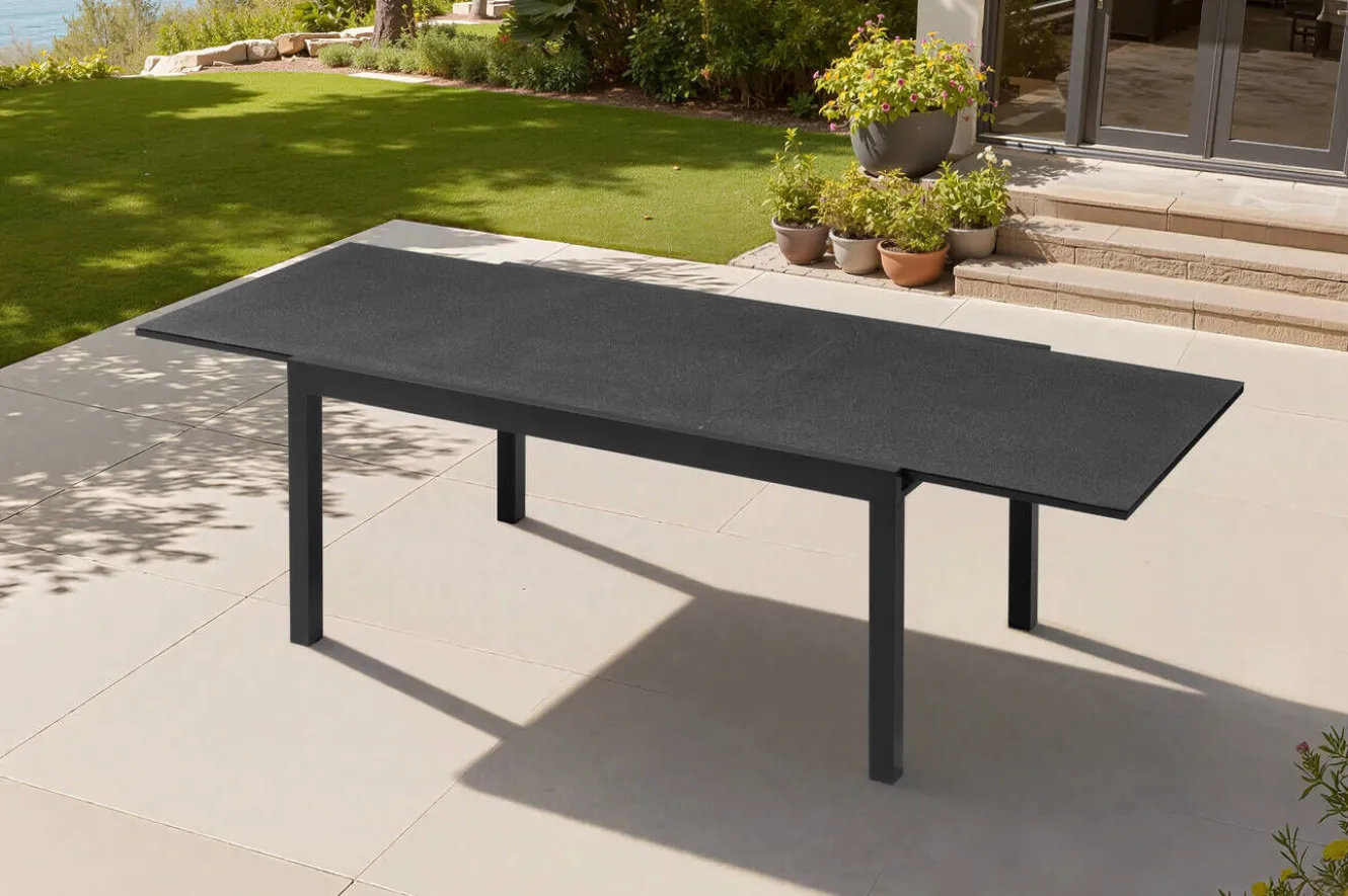 OUTFLEXX Premium Ausziehtisch, anthrazit matt, Alu/Spraystone, Tischplatte 160/260 x 100 cm, pulverbeschichtet, höhenverstellbare Füße