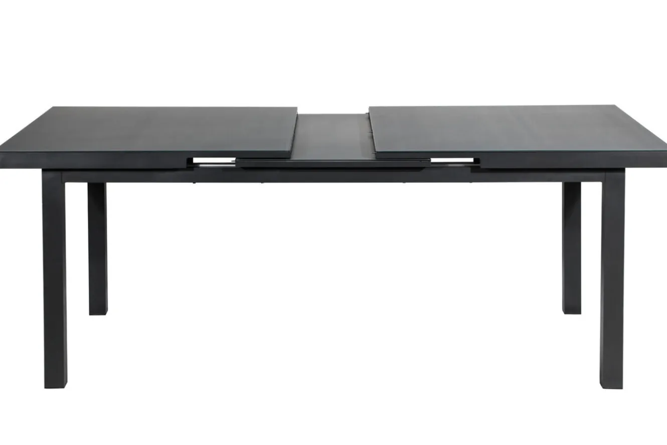 OUTFLEXX Premium Garten-Essgruppe, OUTFLEXX® anthrazit matt, Alu / Glas / Teak, Tisch 180/240x100cm, 8 Klappstühle