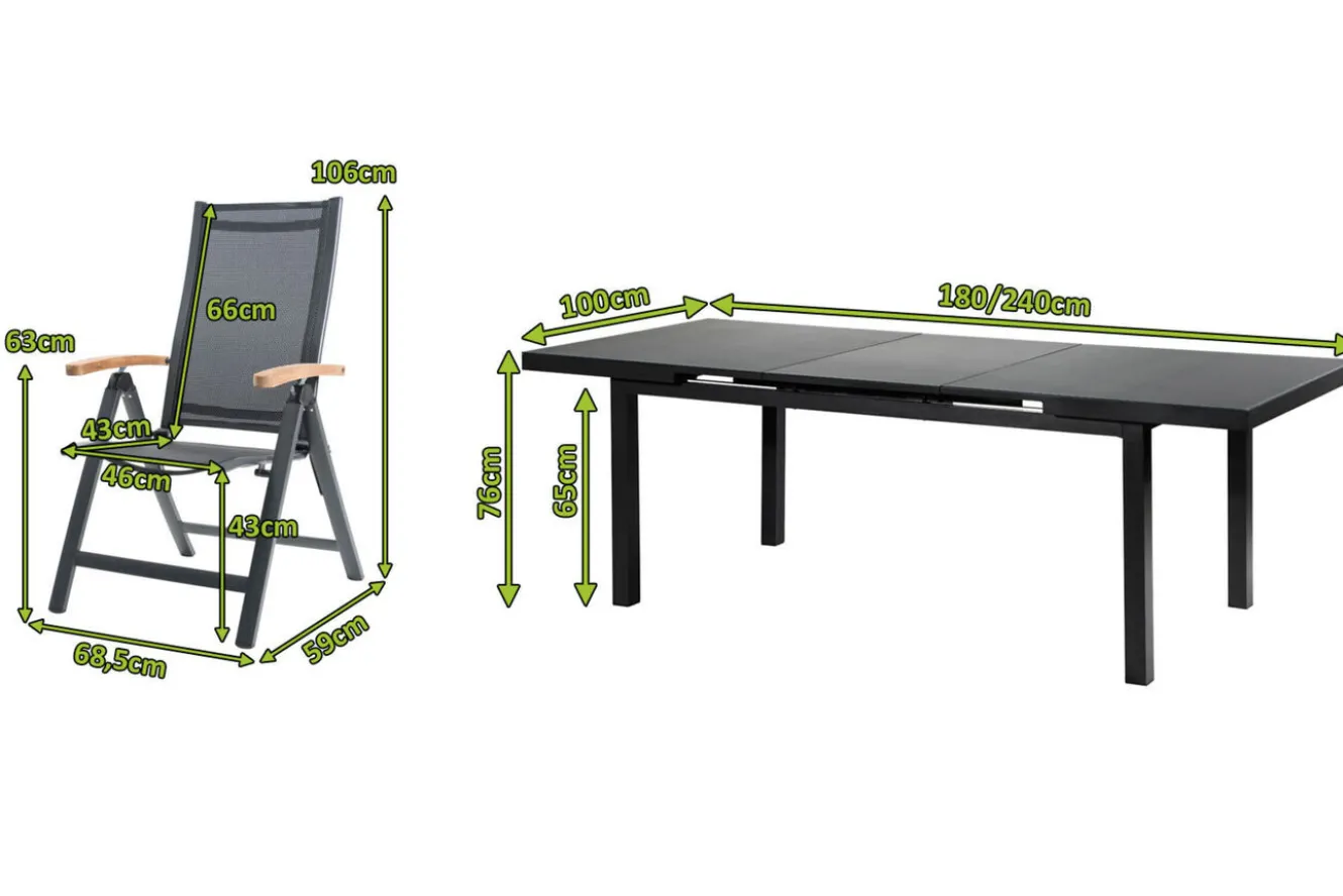 OUTFLEXX Premium Garten-Essgruppe, OUTFLEXX® anthrazit matt, Alu / Glas / Teak, Tisch 180/240x100cm, 8 Klappstühle
