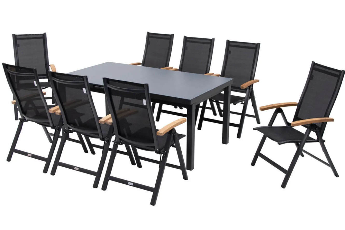 OUTFLEXX Premium Garten-Essgruppe, OUTFLEXX® anthrazit matt, Alu / Glas / Teak, Tisch 180/240x100cm, 8 Klappstühle