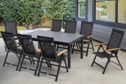 OUTFLEXX Premium Garten-Essgruppe, OUTFLEXX® anthrazit matt, Alu / Glas / Teak, Tisch 180/240x100cm, 8 Klappstühle